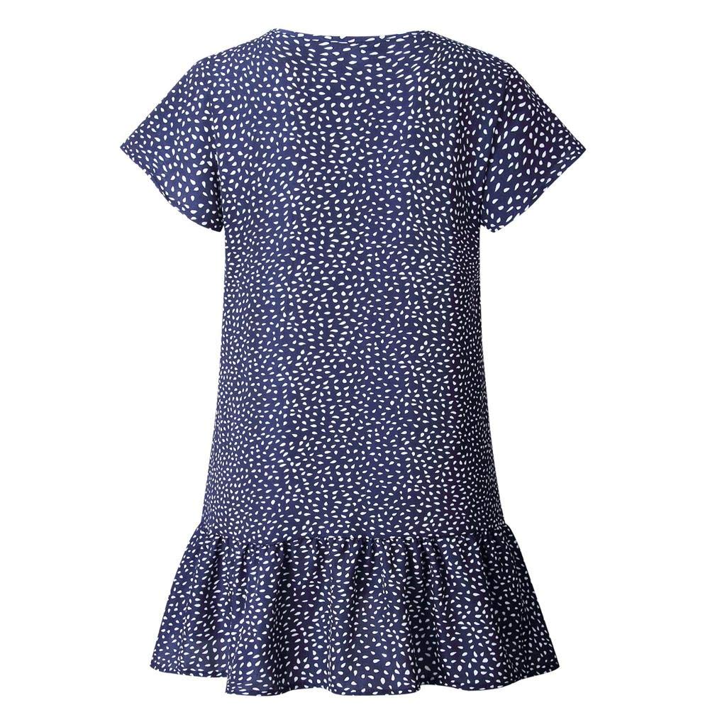 Women\'s Polka Dot Ruffles V Neck Button Down Casual Loose Swing Short Mini T-Shirt Dress Blue