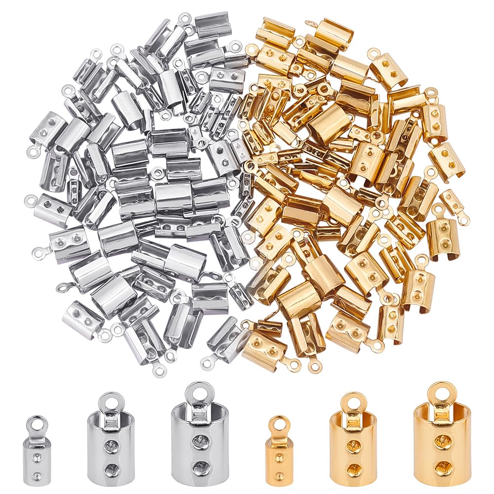 UNICRAFTALE 120pcs 2 Colors Stainless Steel & Golden Folding Crimp Ends for Jewelry Making, 8.5~12.5mm Long