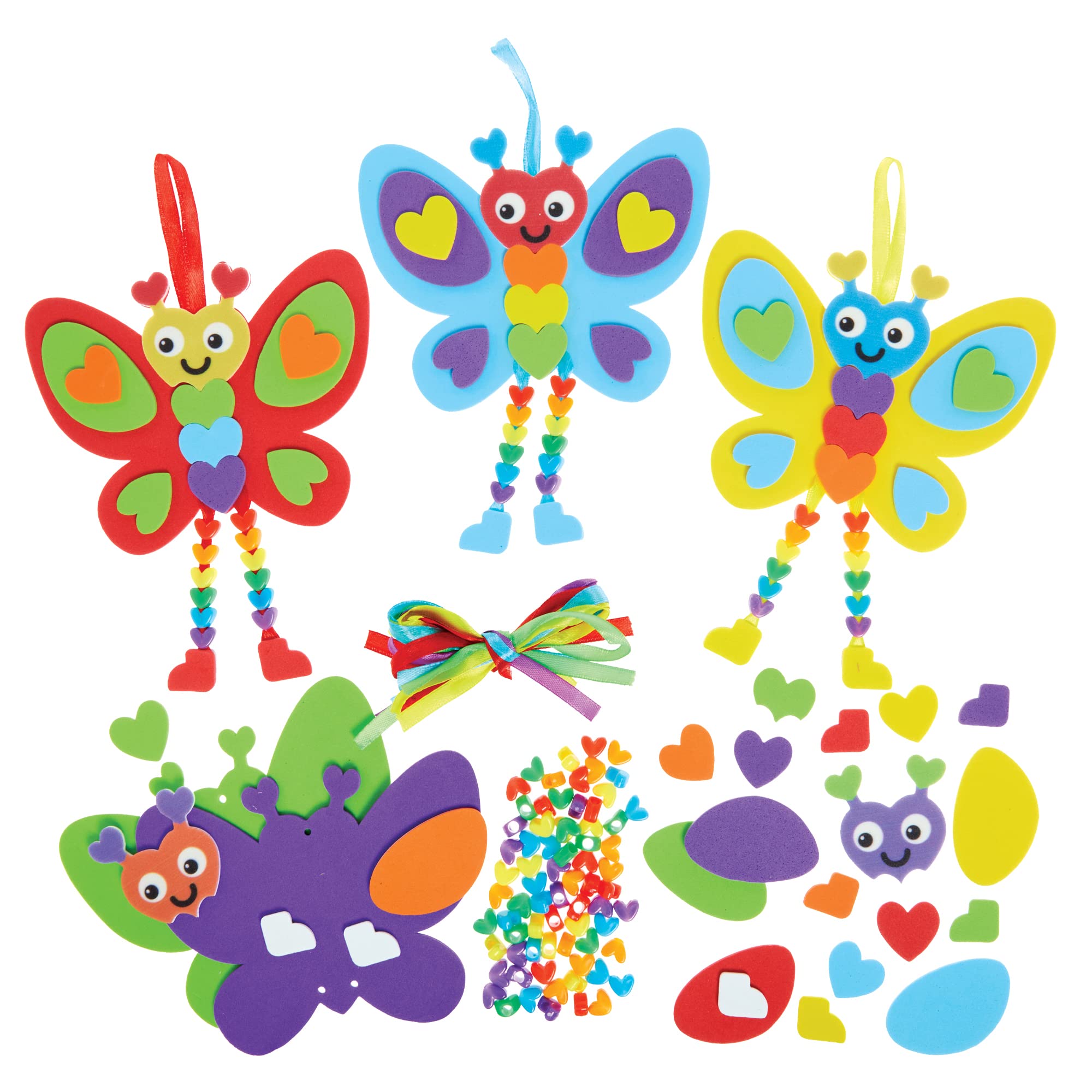 Baker Ross FX397 Rainbow Love Heart Butterfly Dangly Leg Decoration Kits - Pack of 5, Valentine's Day Bead Craft Decoration Kit for Kids