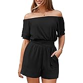 Fixmatti Womens Off The Shoulder Romper Short Sleeve Smocked Waist Mini Jumpsuit with pockets