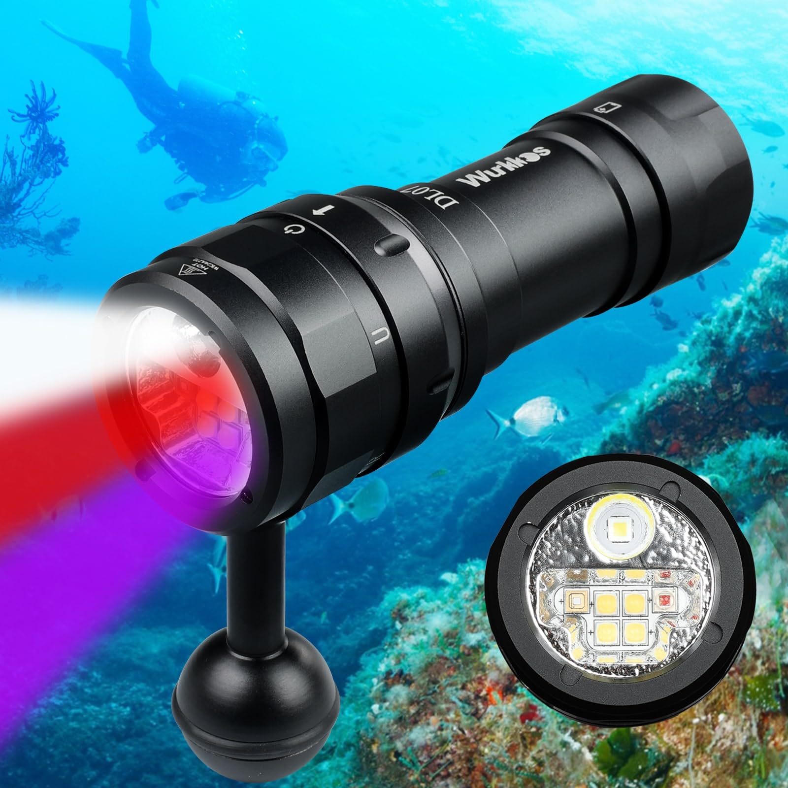 Wurkkos DL07 Diving Torch, 3000 Lumens Rechargeable Scuba Underwater Torch, IPX8 Waterproof, Scuba Diving lamp with Spot, Flood, UV, Red Light, Dive Video Light with Ball Joint