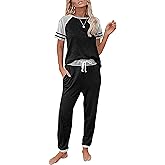 PRETTYGARDEN Women Summer Two Piece Outfits Striped Short Sleeve Pullover and Long Pants Tracksuit Travel Pajama Lounge Set