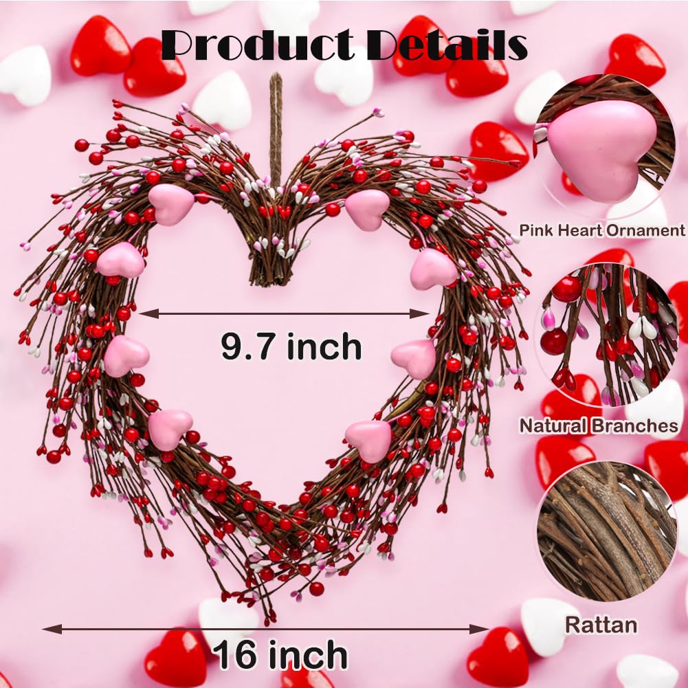Christmas Red Berry Wreath, Valentine's Day Wreaths 15 Inch Valentines Day Wreath Heart Shaped Wreaths for Front Door with Red Pink Hearts for Xmas Decor Anniversary Wedding Dinner Decorations