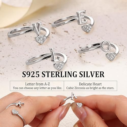 S Adjustable - S925 Sterling Silver Heart Letter Ring For Women Initial Ring
