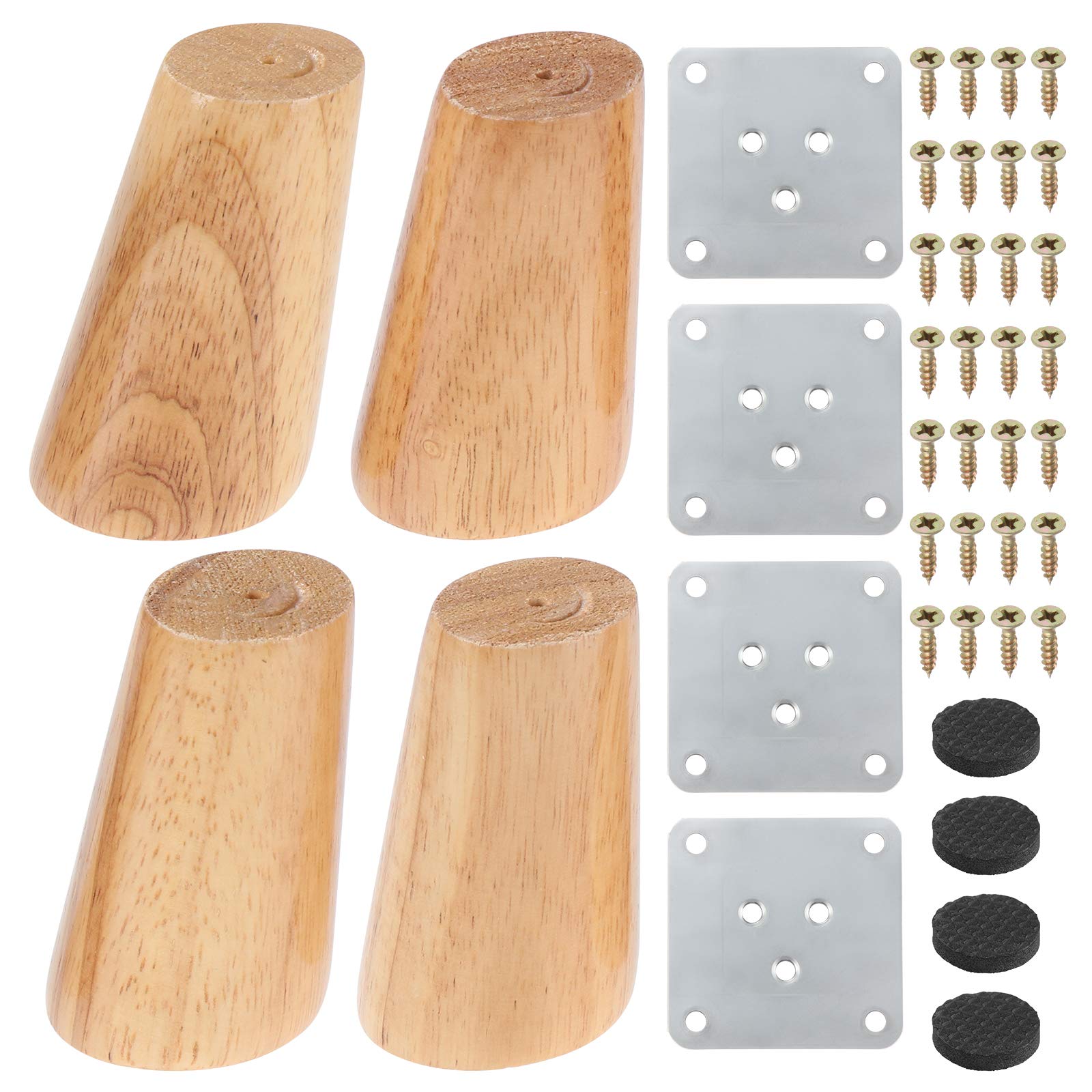 Moendergo 4 Wooden Furniture Legs, 8cm Solid Tapered Wood Sofa Legs， Replacement Furniture Feet Cupboard Feet with Mounting Plate, Screws and Anti-Slip Mats for Sofa Table Chair Tea Cabinet