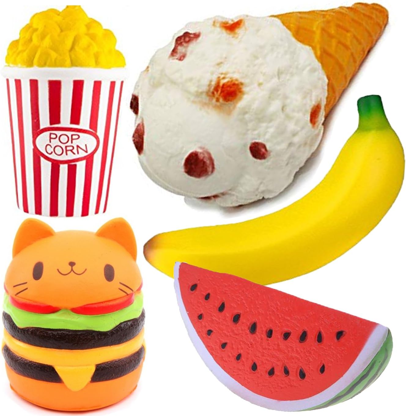 Funlop 5-Pack Squishy Toys Jumbo Kitten Hamburger, Ice cream cone, Banana, Watermelon, Popcorn Set - Kawaii Cream Scented Squishies Slow Rising Decompression Squeeze Toys for Kids or Stress Relief Toy
