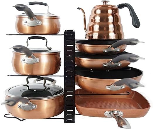Amazon Com Pot And Pan Organizer Rack For Cabinet Home Kitchen Storage Pan Holder Cabinet Pot Organizer 8 Tier Adjustable Heights Expandable Pot Organizer For Under Cabinet Kitchen Dining