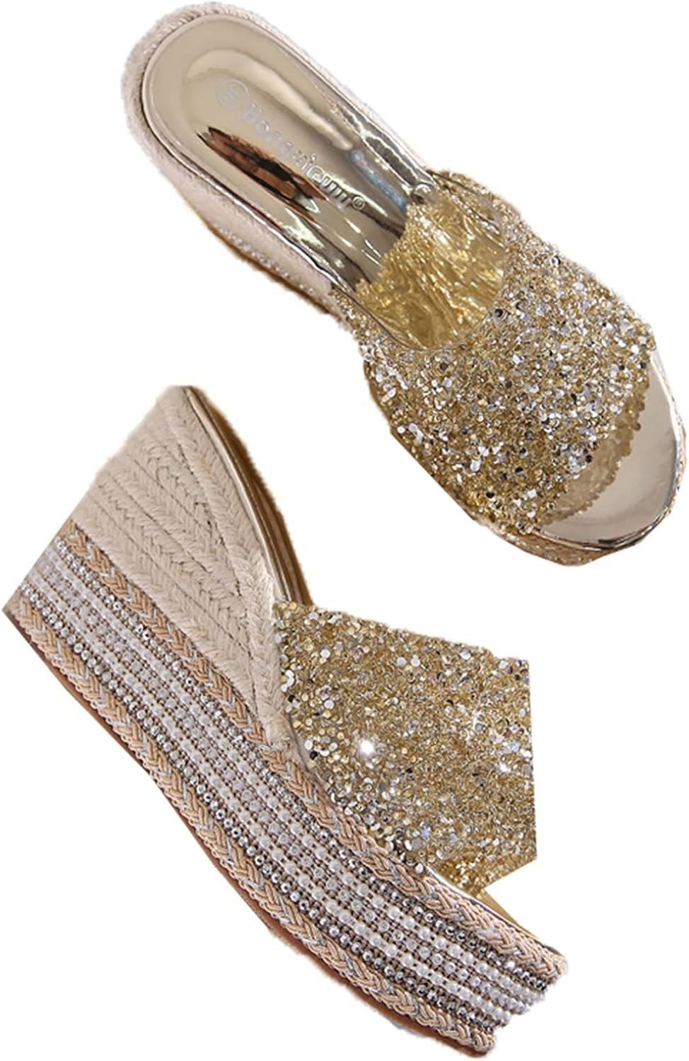 Women Wedge Heel Mule Slipper Bohemia Shine Sequins Peep Toe Cute Girl Style
