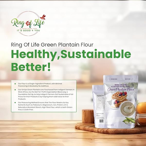 RING OF LIFE ALL NATURAL HEALING FOODS – UNRIPE GREEN PLANTAIN FLOUR – GLUTEN, NUT, GRAIN, DAIRY, & SOY FREE , SINGLE INGREDIENTS RESISTANCE STARCH ALL PURPOSE FLOUR 1.1 LB (17.35 OZ)
