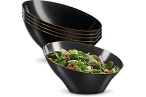 PLASTICPRO Angled Plastic Bowls Disposable Large Plastic Black Serving Bowls with Gold Rim for Party for Appetizer Salads Pac