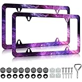 Purple License Plate Frames - 2 Pack Galaxy Starry Sky Night Stainless Steel License Plate Holder,Rust-Proof Waterproof Car Decorative Tag Frame with Screws Fasteners Caps