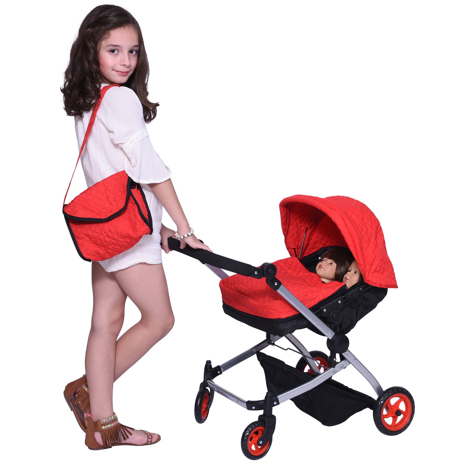 The New York Doll Collection Modern Twin Doll - Deluxe Baby Boo Pram Red Quilted Fabric - Adjustable Height - Free Nappy Bag - Extra Tall for 18 inch/46 cm dolls A184