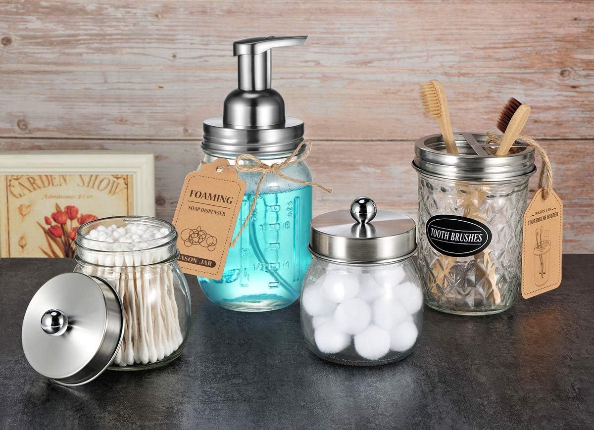 Mason Jar Bathroom Accessories Set 4 Pack - Foaming Soap Dispenser&2 Qtip Holders&Toothbrush Holder-Rustic Farmhouse Decor Bathroom Organizer Apothecary Jar Country Countertop (Brushed Nickel): Home & Kitchen