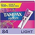 Tampax Radiant Tampons, with LeakGuard Braid, Light Absorbency, Up to 100% Leak and Odor Free Protection, Unscented, 28 Count x 3 Packs (84 Count Total) (Packaging May Vary)