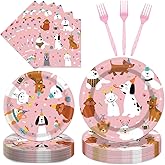 Papiailove 96 Pcs Dog Plates and Napkins Party Supplies, Dog Theme Party Decorations, Pink Puppy Tableware Set Decors Favors Disposable Dinnerware Serve 24 Guests