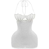 winkbay Women's Tie Backless Halter Mini Dress Pearl Cut Out Bodycon Knit Beach Vacation Dresses