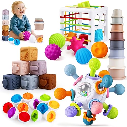 6 in 1 Baby Toys 6 to 12 Months, Montessori Toy for 1 Year Old, Infant Teething Toy Stacking Blocks Cups,Sorting Sensory Bin, Matching Egg Sensory Ball Educational Learning Gift for Toddlers Aged 1-3