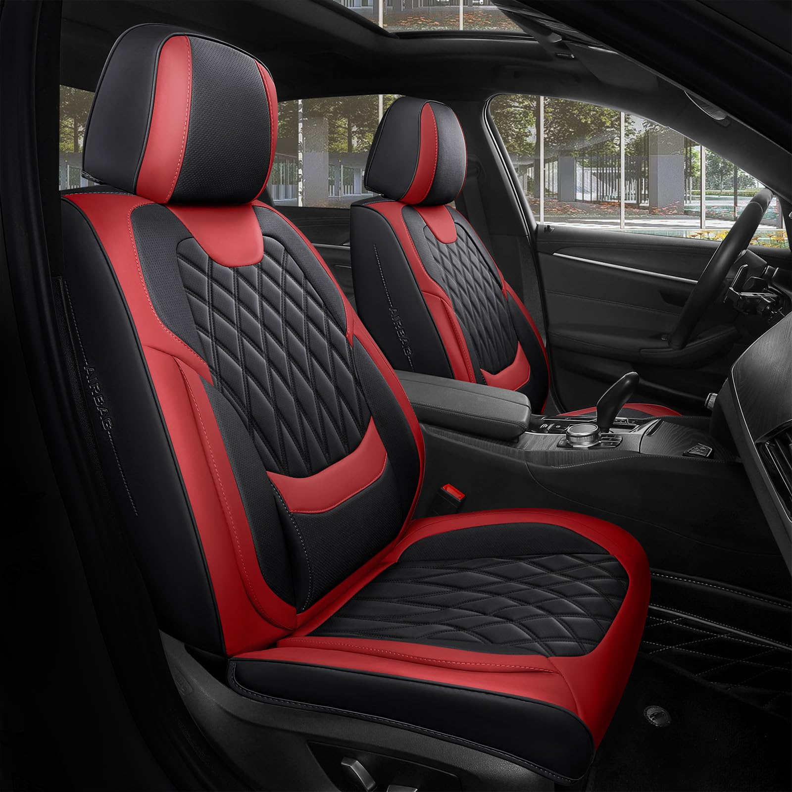 Photo 1 of FREESOO Black Red Car Seat Covers Full Set - Faux Nappa Leather Seat Covers for Cars, Breathable Waterproof Front Seats with Lumbar Support and Rear Seat Cover, Fit for Automotive Sedans SUVs Pickups