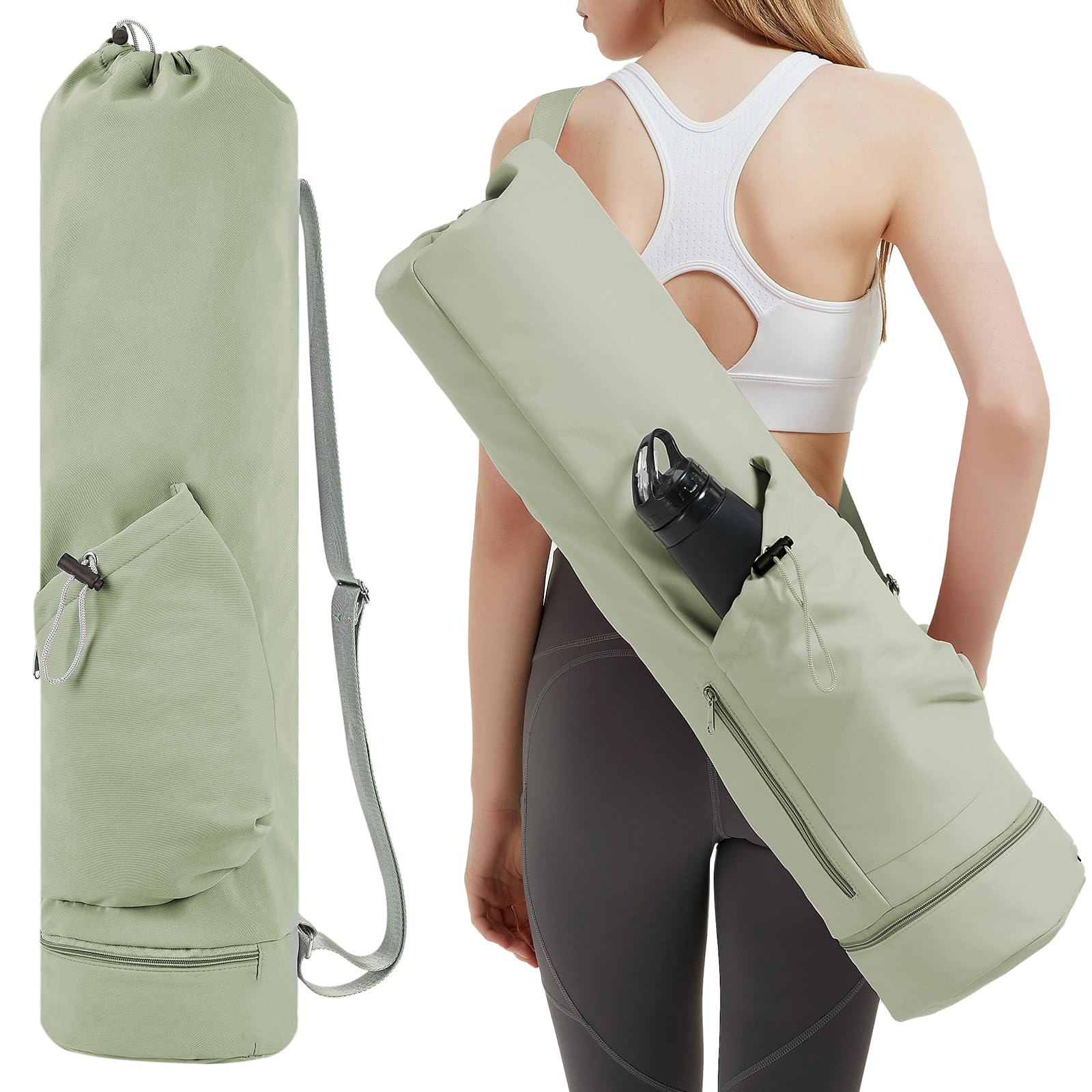sportsnew Yoga Mat Bag Large with Adjustable Carry Strap Pilates Bag with Bottle Pocket and Wet Compartment, Green (Patent Pending)