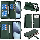 Jaorty Wallet Case Compatible with iPhone 17 Pro with Wrist Strap,2025 Release Purse for Women Men,[9 Card Slots] Card Holder Zipper Cash Pocket Magnetic Leather Cover,6.3 inch Dark Green