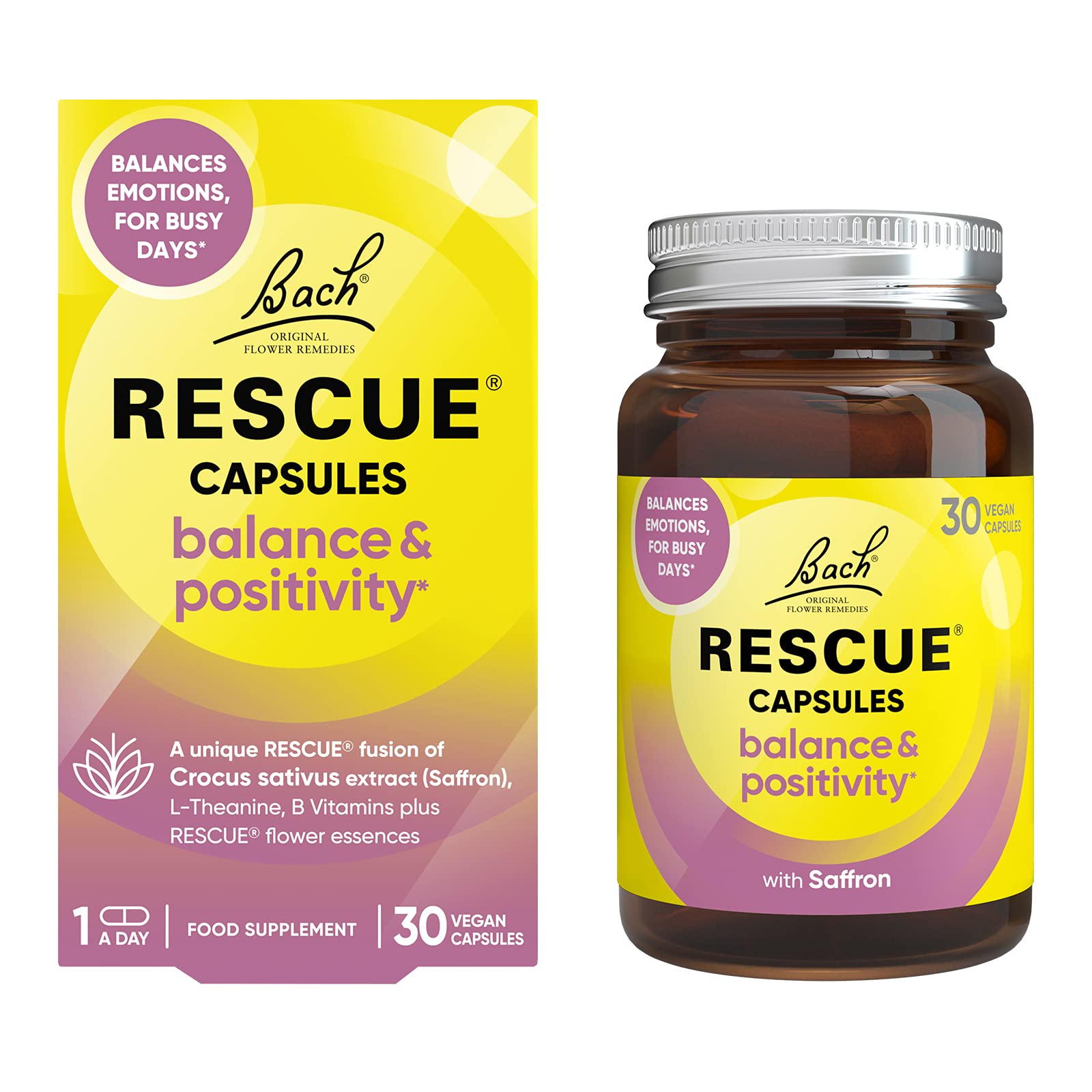 Rescue Balance & Positivity Capsules | Daily Mood Support | Bach Original Flower Essences | Saffron | Vitamin B5 & B12 | 30 Vegan​ Capsules