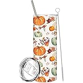 Whaline Fall Tumbler with Lid and Straw Watercolor Pumpkin Leaves Flower Stainless Steel Cup Orange Green Tumbler Cup Gift for Autumn Thanksgiving Decor Supplies