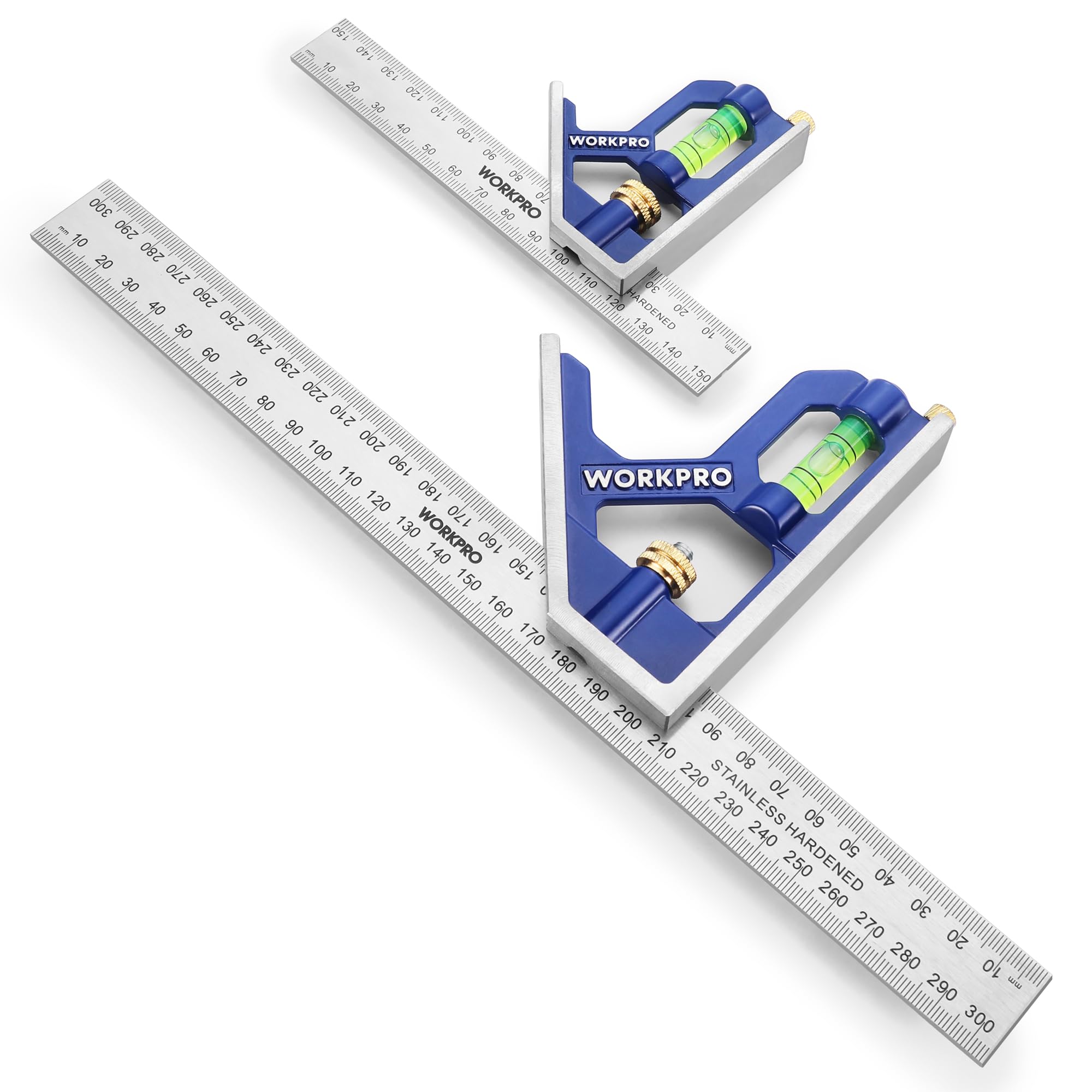 WORKPRO Adjustable Combination Square Set, 150 + 300mm, Stainless Steel Angle Ruler with Bubble, Multifunctional Measuring Tool