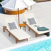 Patiorama Patio Acacia Wood Chaise Lounge Chair Set of 2, Pool Chair, Cream | Foldable Lounge Chair Recliner with Adjustable Backrest, Wheels,Padded Cushion Portable Sun Lounger for Pool, Deck, Lawn