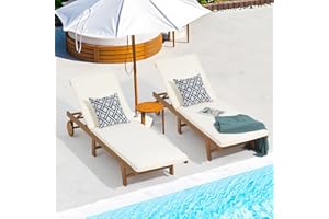 Patiorama Patio Acacia Wood Chaise Lounge Set of 2, Outdoor Folding Lounge Chair Recliner w/Adjustable Backrest, Wheels, Padded Cushion, Portable Sun Lounger Pool Chair for Deck, FSC Certified, Cream