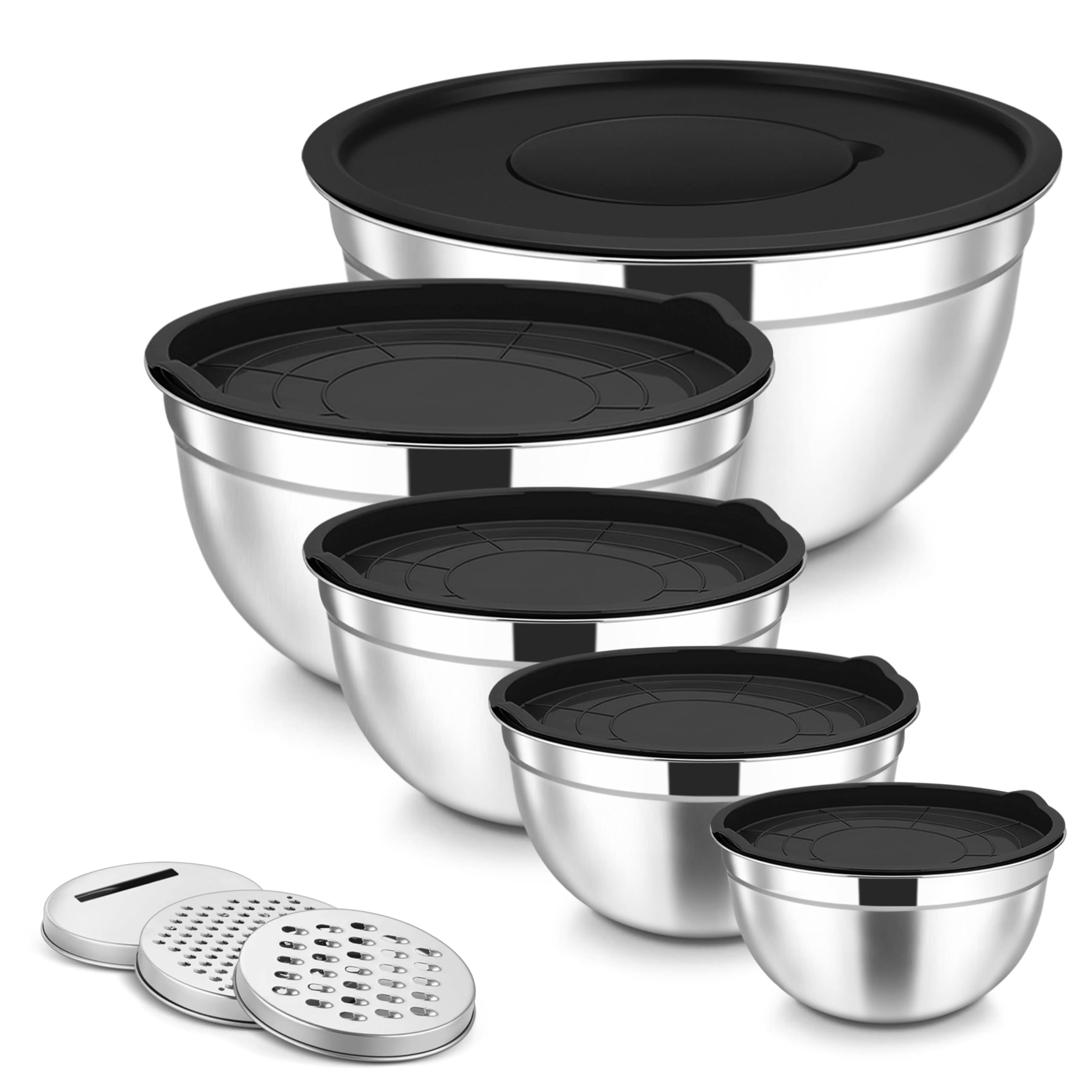 Onader Mixing Bowls Set of 5, Stainless Steel Metal Salad Bowl with Airtight Lids & 3 Graters, Perfect for Baking, Cooking, Prepping Serving, Easy Clean - 0.7/1.2/1.6/2.8/4.6QT (Black)