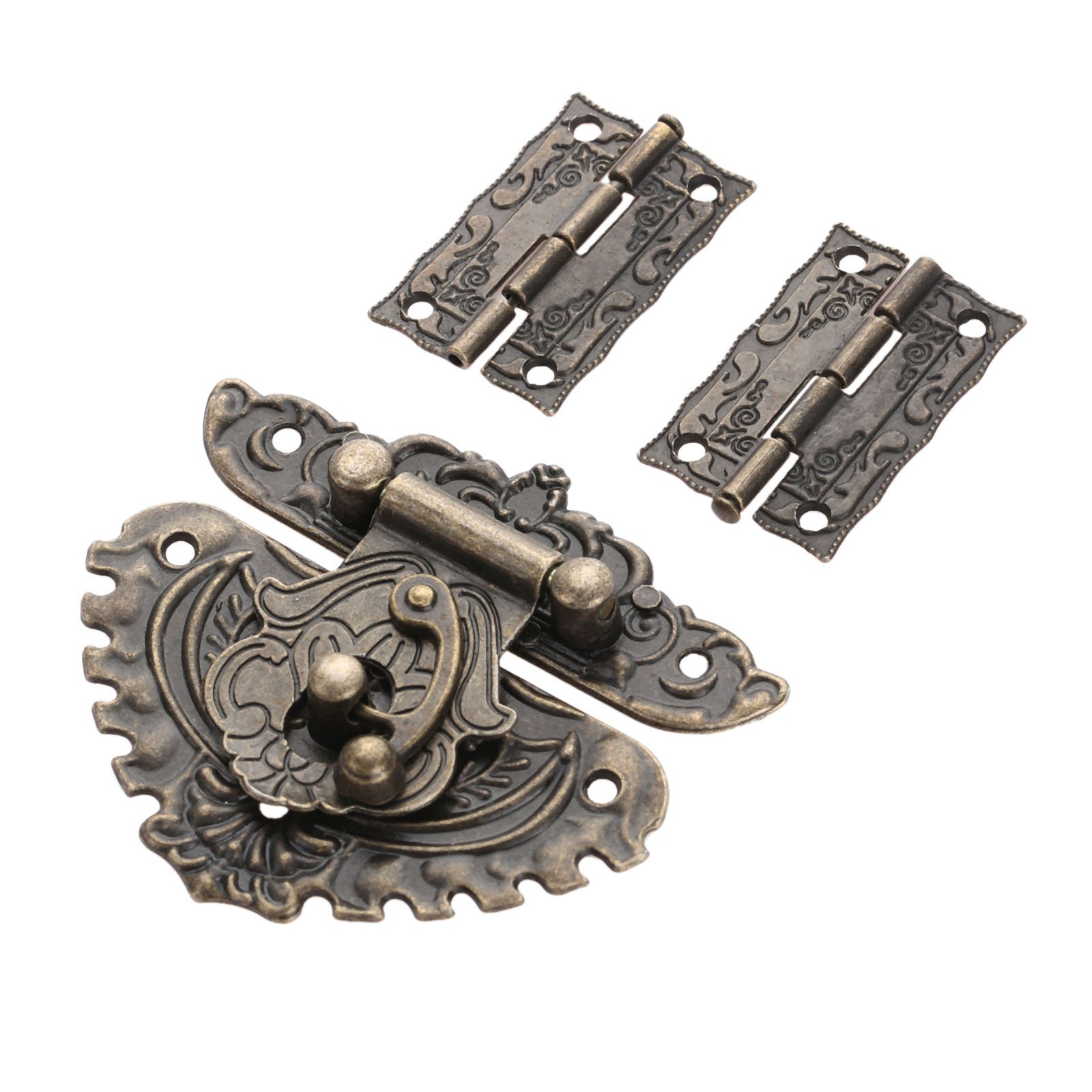 Yetaha Antique Embossing Hasp Latch Lock, 2PCS Hinge & 1 PC Retro Style Padlock Lock Key Latch Clasp Set Box Lock, Box Hinges and latches with 13 Screws for Furniture Cabinet Wood Jewelry Box