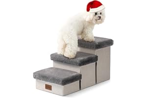 COZY KISS Dog Stair for Small Dogs with Storage, Foldable Pet Step with Soft Cover, Older Cat Ramp for Chair Couch Sofa, Lightweight, Durable, Comfort, 24.8x13x13.6 inch, 3 Tiers, Grey