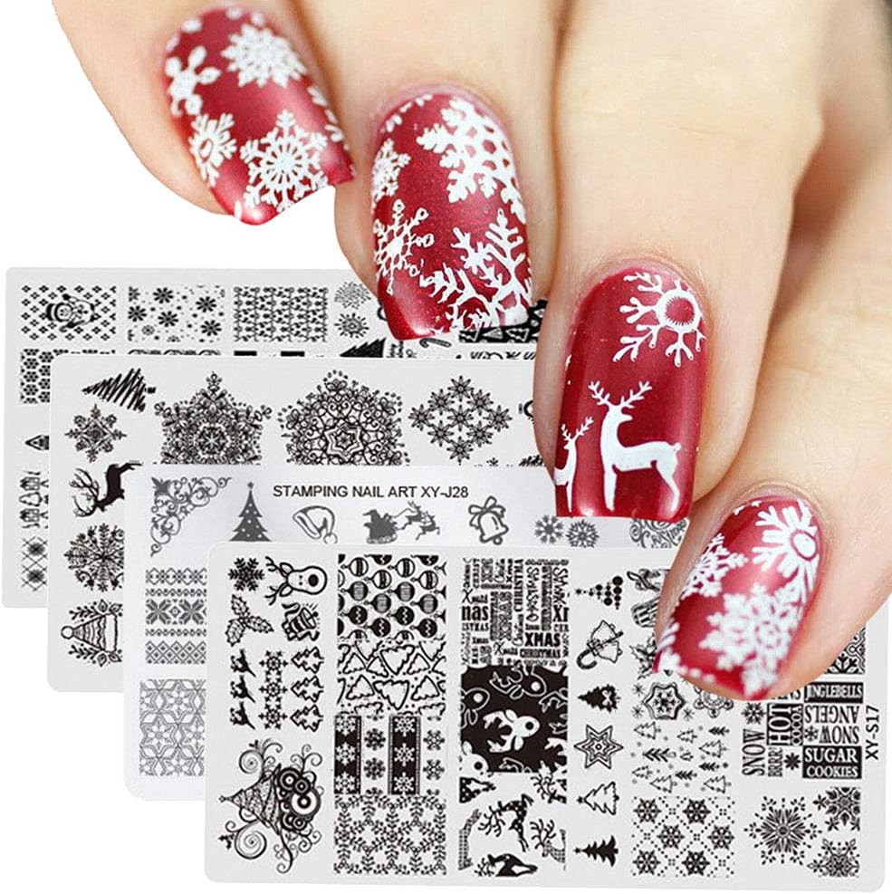 Lookathot 4/5PCS Nail Art Image Stamp Stamping Plates with 1 Stamper, 1 Scraper Christmas Halloween (4PCS(Christmas))