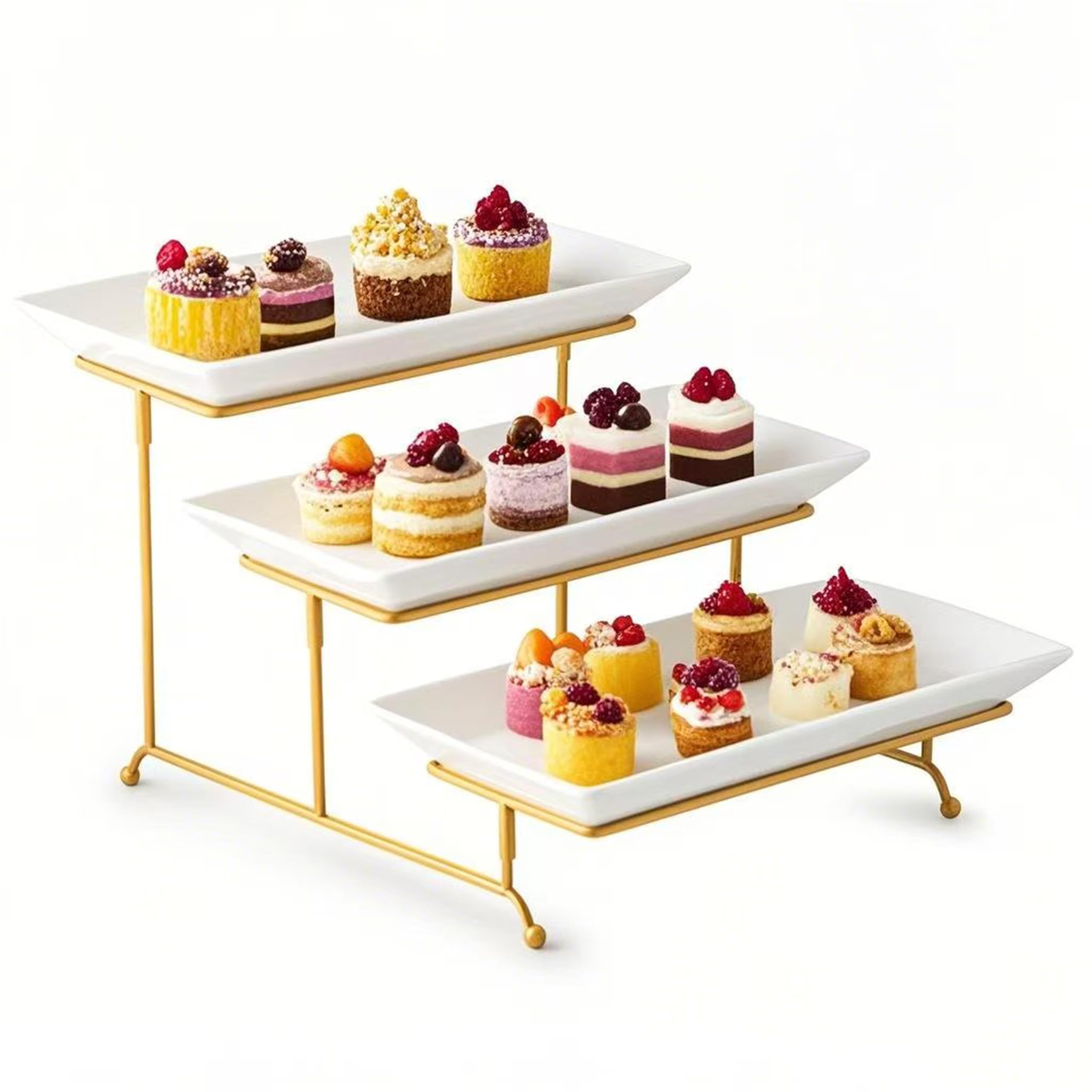Photo 1 of Gomakren 3 Tier Serving Stand with Porcelain Serving Platter Tray - Collapsible Gold Stand with 3 Piece Large14 Inch White Plates for Food Presentation Dessert Server Display and Entertaining