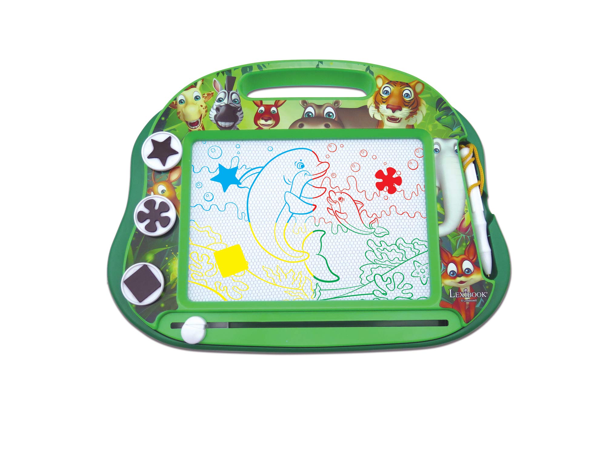 LEXIBOOK, Animals, Multicolour Magic Magnetic Drawing Board, Artistic Creative Toy for Girls and Boys, Stylus Pen and Stamps, Green, CRANX550