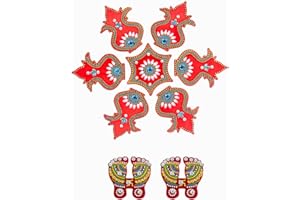 ARTISENIA Diwali Acrylic Rangoli with Laxmi Charan | Red Kalash Acrylic Diwali Rangoli Decor Floor Decoration with Studded Stones & Sequins | 10x10 Inch Paisley Acrylic Rangoli + 2x2 Inch Laxmi Pagla