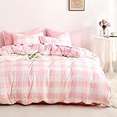 Wake In Cloud - Gingham Duvet Cover Set, Plaid Buffalo Checker Check Cute Aesthetic for Teen Boys Girls, Soft Lightweight Dorm Bedding, 3-Piece, Light Pink White, Twin/Twin XL Size