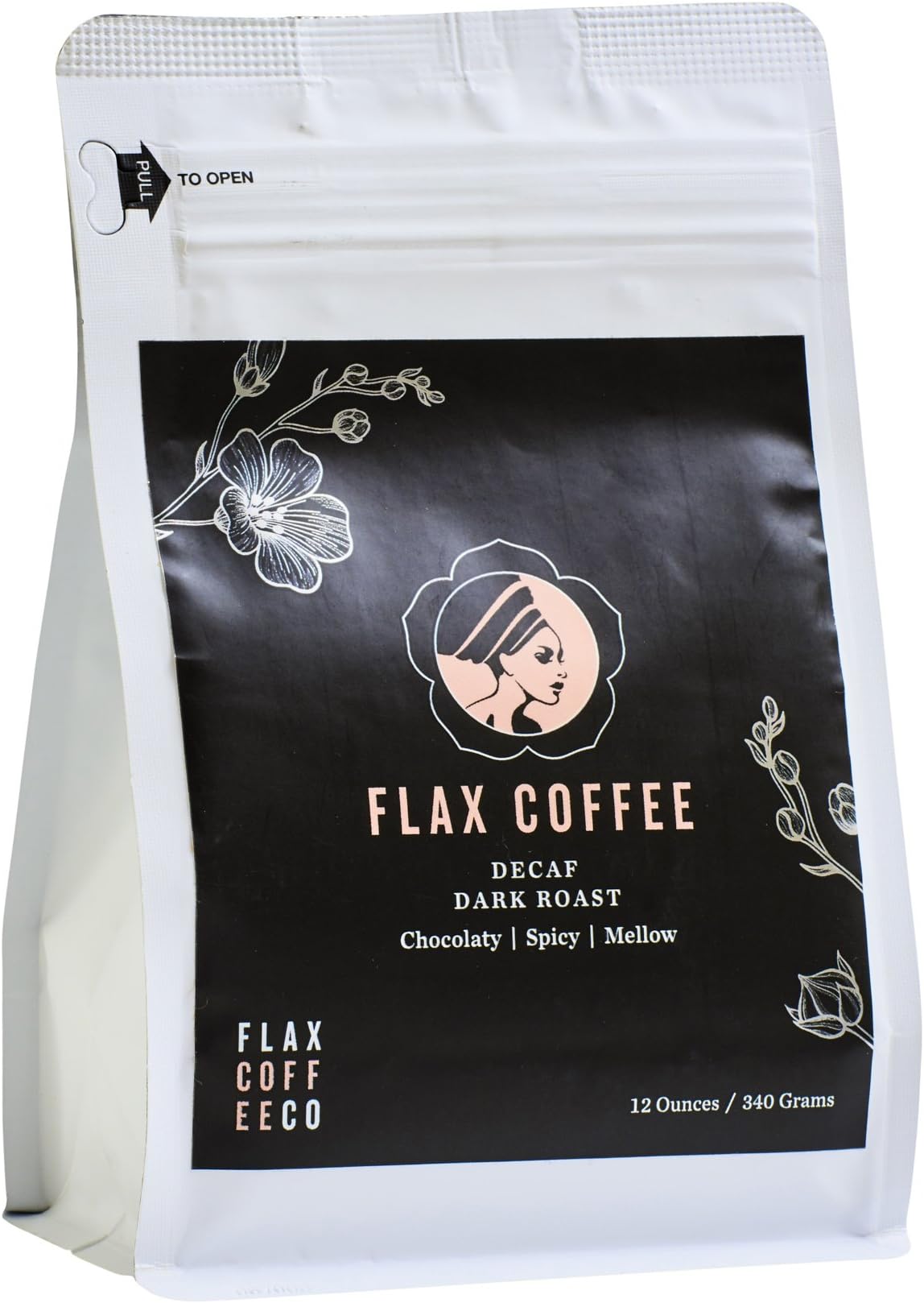 Flax Coffee, Decaf Medium Dark Roast and Flaxseed Blend, Low Acid, Smooth Flavor, Healthy Digestion, Skin Rejuvenation, Ground, 12 oz