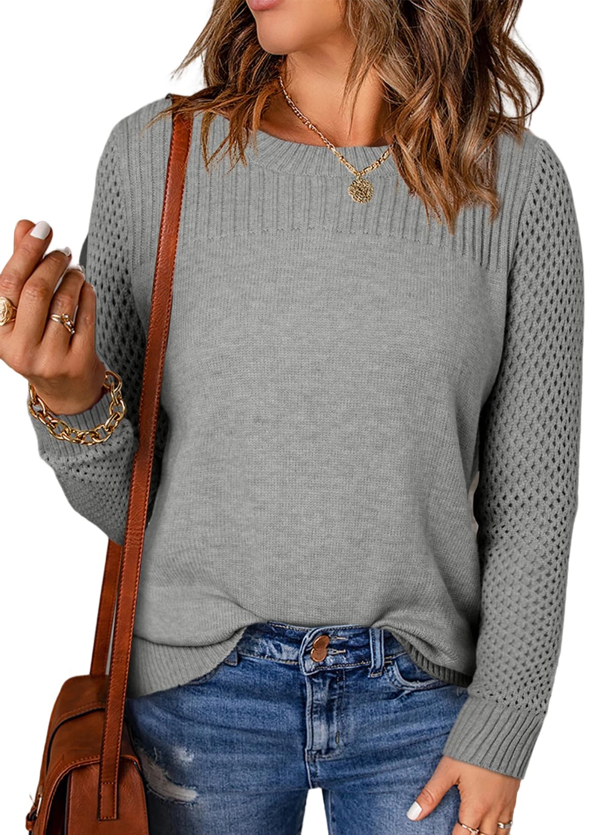 Photo 1 of ***MINOR DAMAGE*** EVALESS Womens Sweaters Casual Long Sleeve Crewneck Cable Knit Lightweight Oversized Crochet Sweater Pullover Tops Light Grey Small