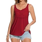 ANYFITTING V Neck Tank Top with Built in Bras Wide Strap Loose Fitting Flowy Summer Sleeveless Shirt