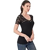 AmélieBoutik Women Sheer Sleeve Blouse V Neck Front Pleated Embroidery Lace Patchwork Tops