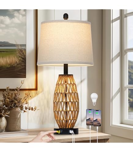 OYEARS 23” USB A+C Table Lamps – Set Of 2 Modern Farmhouse Rattan Glass Bedside Nightstand Lamps With Dual Light Sources