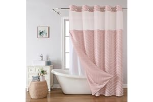 EACHOPE Blush Pink No Hook Shower Curtain with Snap-in Liner Set,Boho Modern Farmhouse White Tufted Chevron Striped Design,Woven Fabric Bathroom Curtain,71x74