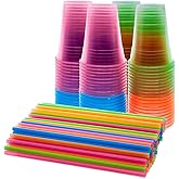 Party Essentials Soft Plastic 16-Ounce Party Cups/Pint Glasses, Assorted Neon, 80-Count With 100 Straws