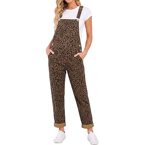 luvamia Leopard Denim Overalls Straight Leg Cheetah Jean Jumpsuit for Women | 29" Inseam, Trendy Leopard Print Bib Overalls,