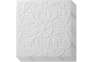 Art3d Decorative Ceiling Tile 2x2 Glue up, Lay in Ceiling Tile 24x24 Pack of 12pcs Spanish Floral in Matt White