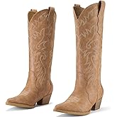 Rollda Cowboy Boots for Women Cowgirl Boots Embroidered Knee-High Western Boots Pointy Toe with Chunky Heel