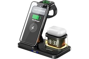 SOSHOT 5 in 1 Foldable Wireless Fast Charger with Night Light Transparent Clock for Apple Devices for iPhone 15 14 13 12 11 Pro Max Apple Watch AirPods Series for Apple Watch for Airpods - Black