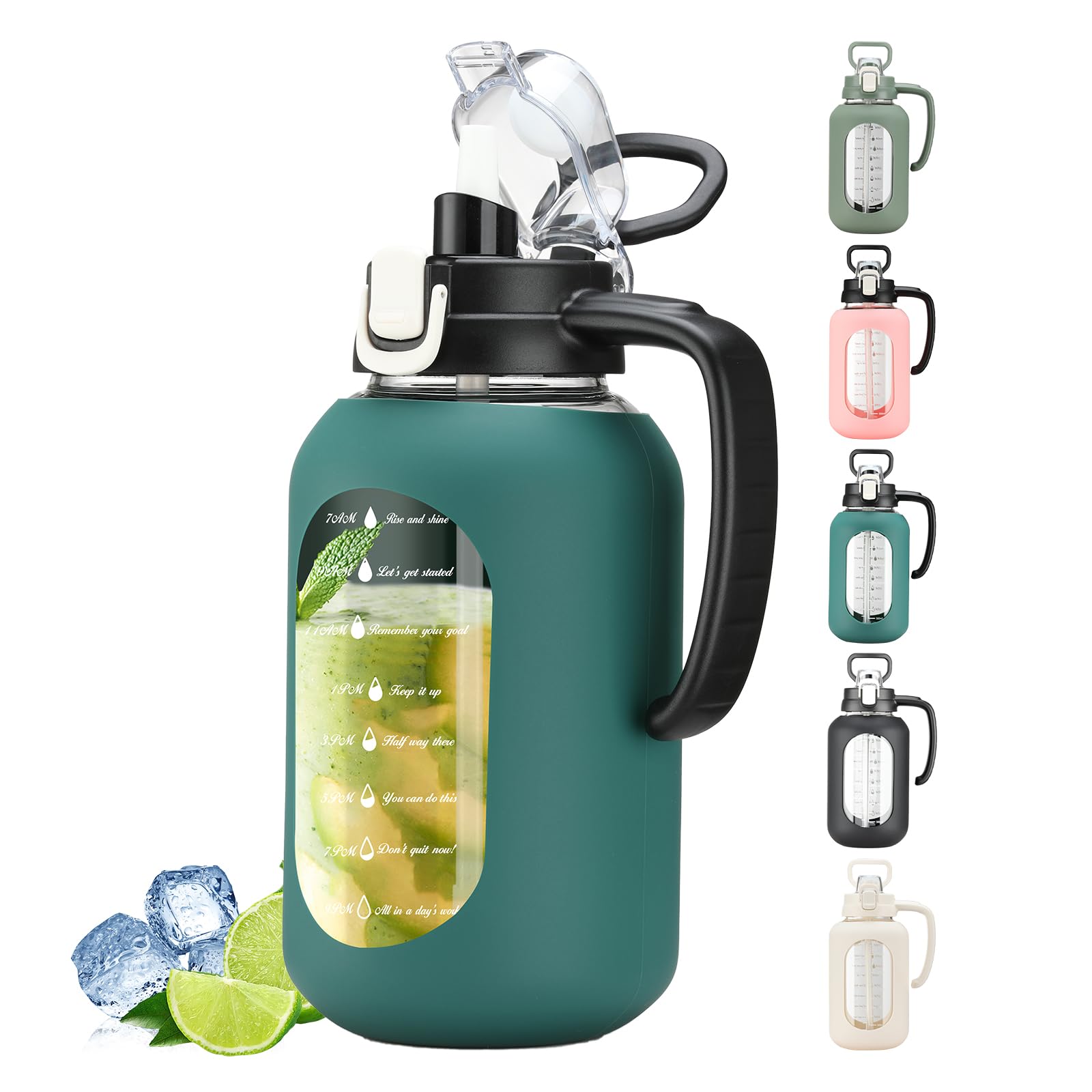 Photo 1 of 64 oz Glass Water Bottle with Straw and Handle Half Gallon Water Jug with Silicone Sleeve Large Water Bottle for Office, Gym, Outdoor Sports