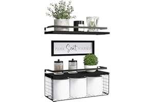 DOLLFIO Floating Shelves with Wall Décor Sign, Bathroom Shelves Over Toilet with Wire Storage Basket, Wood Wall Shelves with Protective Metal Guardrail– Black